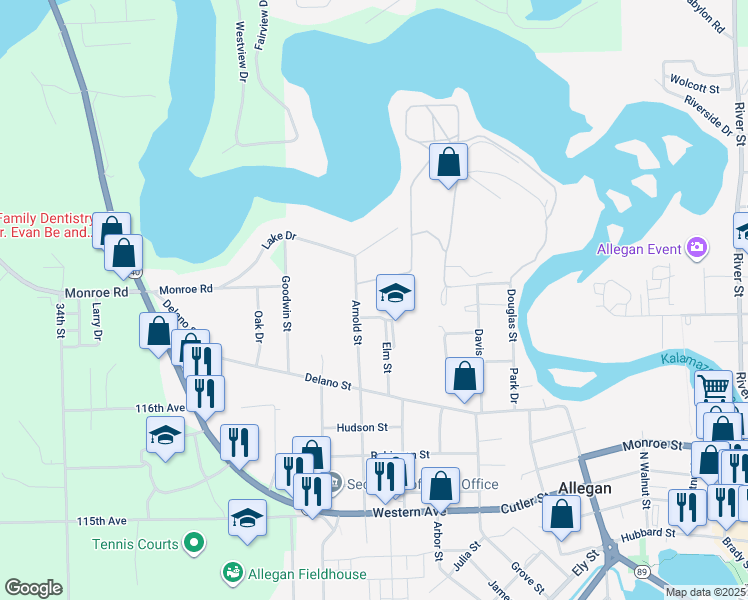 map of restaurants, bars, coffee shops, grocery stores, and more near 104 Tamarack Street in Allegan