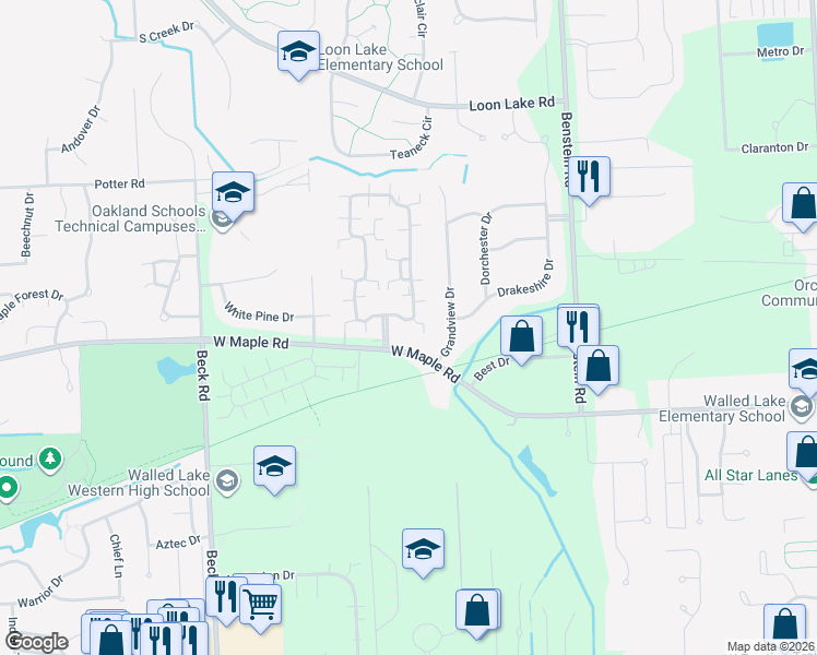 map of restaurants, bars, coffee shops, grocery stores, and more near 3201 Chesapeake Circle in Commerce Charter Township