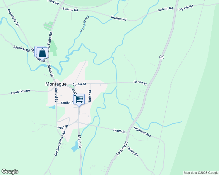 map of restaurants, bars, coffee shops, grocery stores, and more near 44-52 Center St in Montague