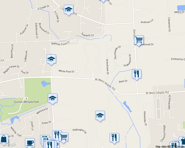 map of restaurants, bars, coffee shops, grocery stores, and more near Saratoga Boulevard in Walled Lake
