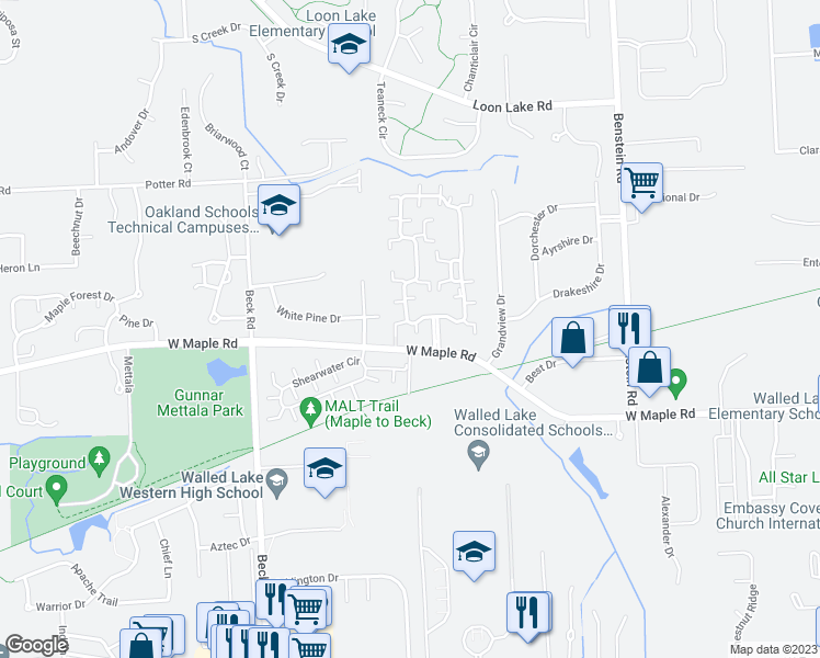 map of restaurants, bars, coffee shops, grocery stores, and more near 30208 Chesapeake Circle in Commerce Charter Township
