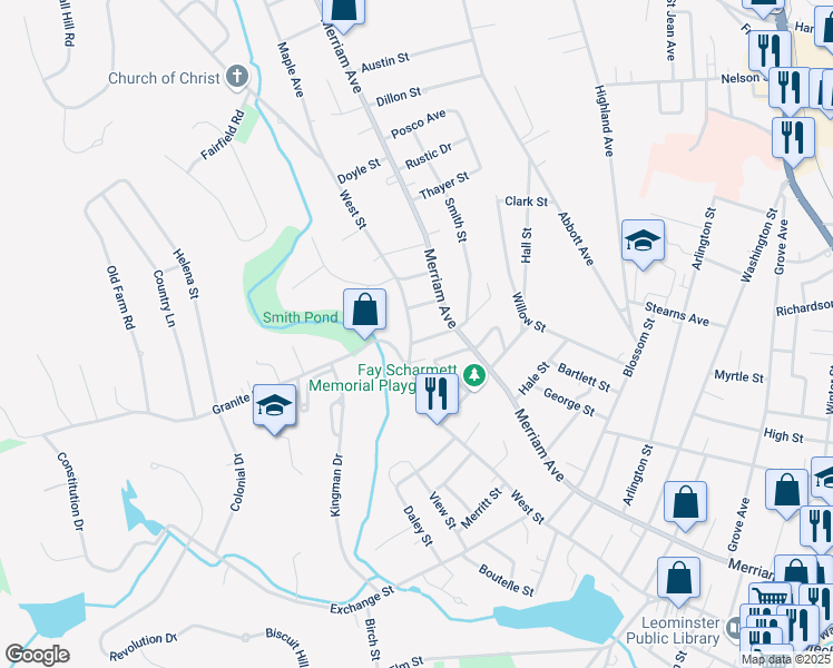 map of restaurants, bars, coffee shops, grocery stores, and more near 22 Gibson Street in Leominster