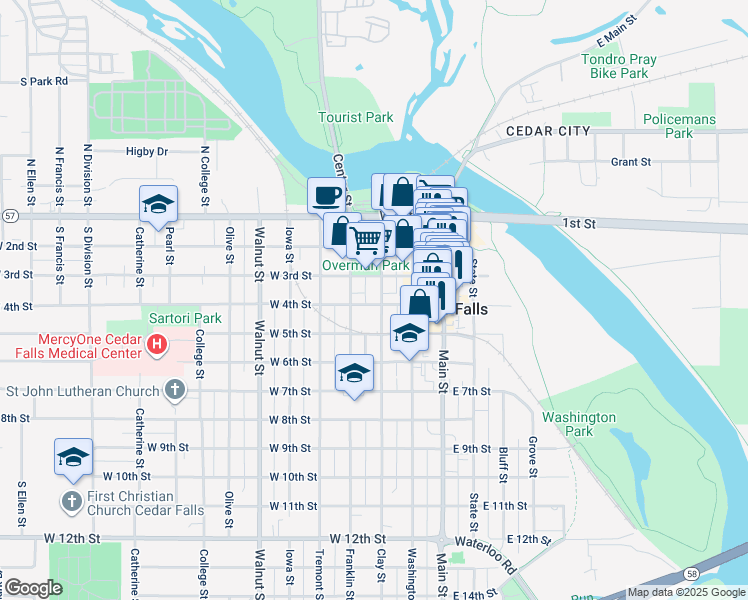 map of restaurants, bars, coffee shops, grocery stores, and more near 303 Clay Street in Cedar Falls
