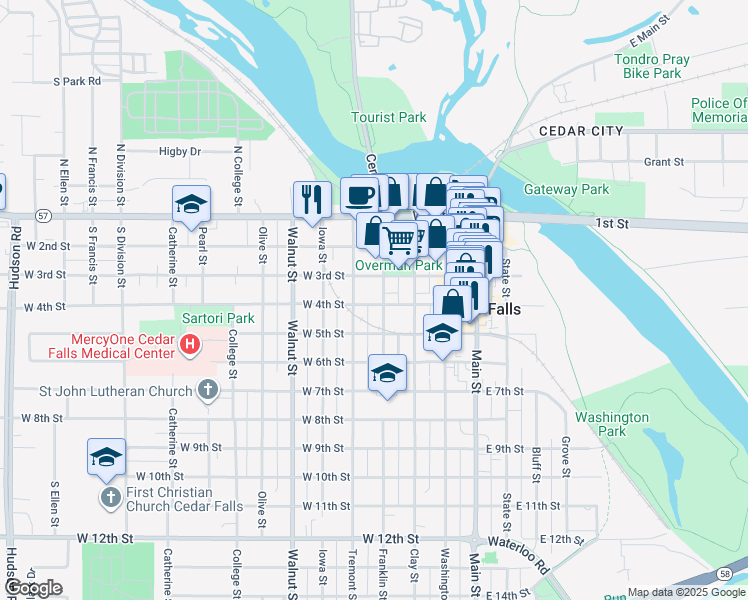 map of restaurants, bars, coffee shops, grocery stores, and more near 308 Franklin Street in Cedar Falls