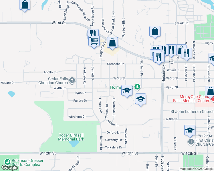 map of restaurants, bars, coffee shops, grocery stores, and more near 306 Cedar Crest Drive in Cedar Falls