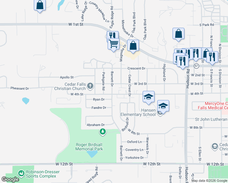 map of restaurants, bars, coffee shops, grocery stores, and more near 2424 West 3rd Street in Cedar Falls