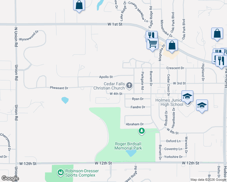 map of restaurants, bars, coffee shops, grocery stores, and more near 2915 West 4th Street in Cedar Falls
