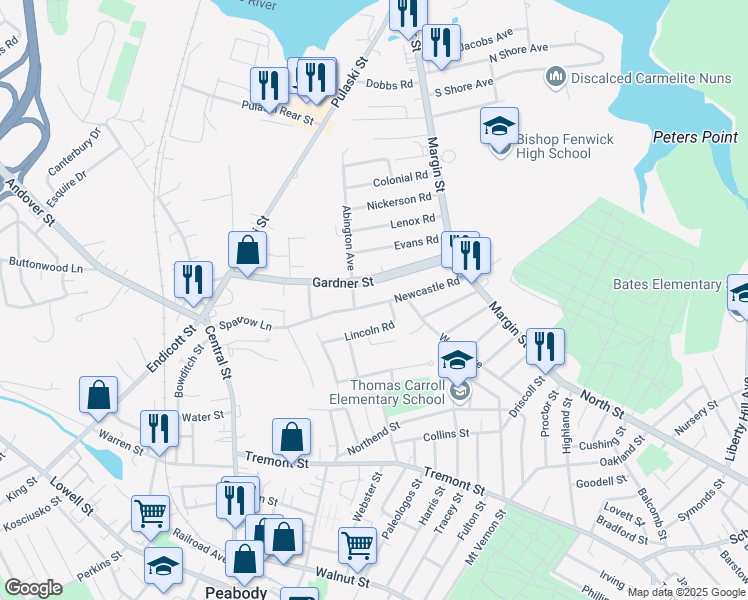 map of restaurants, bars, coffee shops, grocery stores, and more near 39 Newcastle Road in Peabody