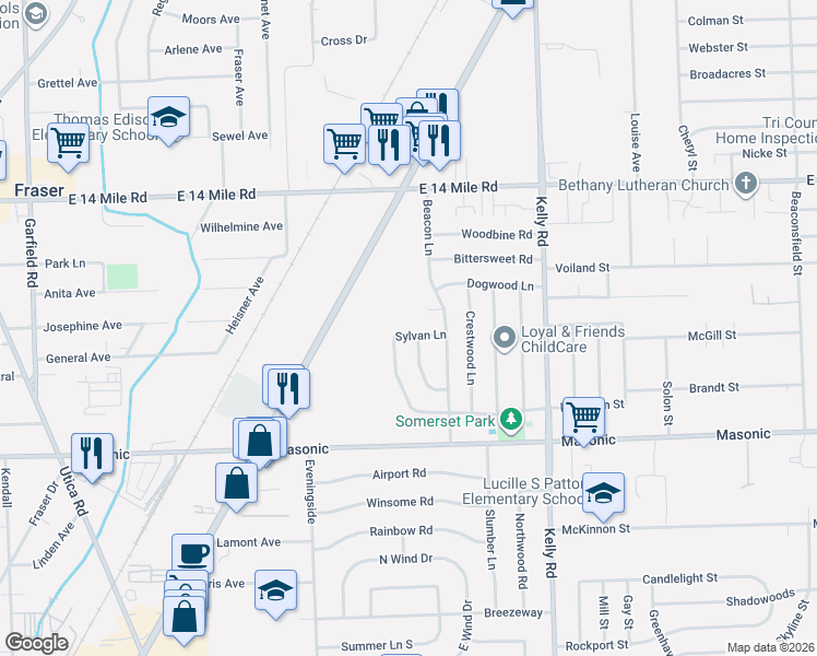 map of restaurants, bars, coffee shops, grocery stores, and more near 18123 Sylvan Lane in Fraser
