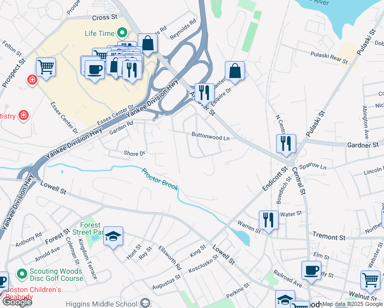 map of restaurants, bars, coffee shops, grocery stores, and more near 4 Rawding Road in Peabody