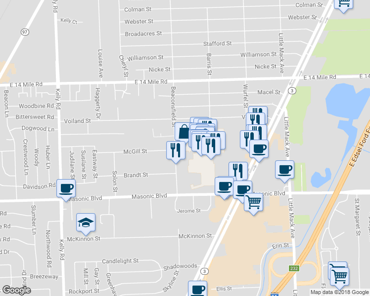 map of restaurants, bars, coffee shops, grocery stores, and more near 32100 Beaconsfield Street in Roseville
