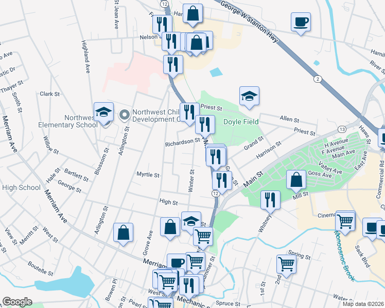 map of restaurants, bars, coffee shops, grocery stores, and more near 9 Winter Place in Leominster