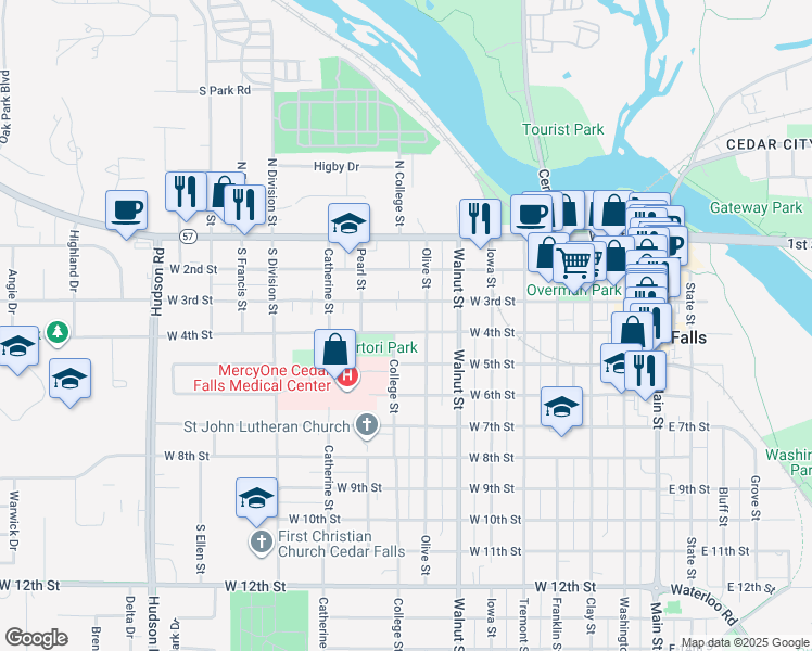map of restaurants, bars, coffee shops, grocery stores, and more near 815 West 4th Street in Cedar Falls