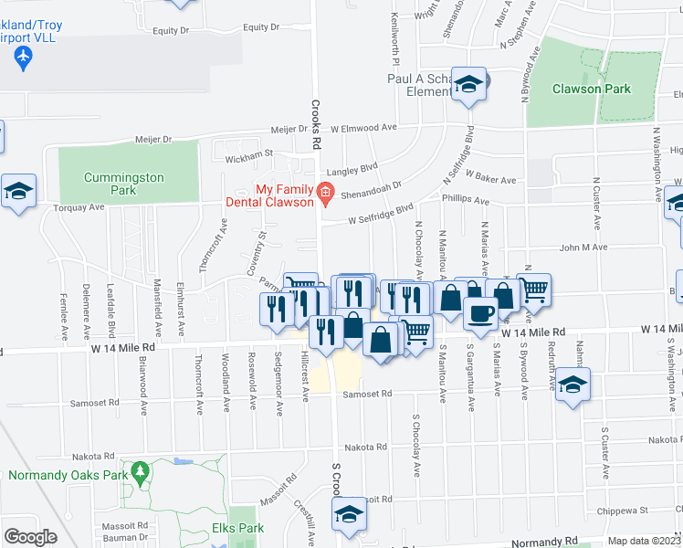 map of restaurants, bars, coffee shops, grocery stores, and more near 360 North Crooks Road in Clawson