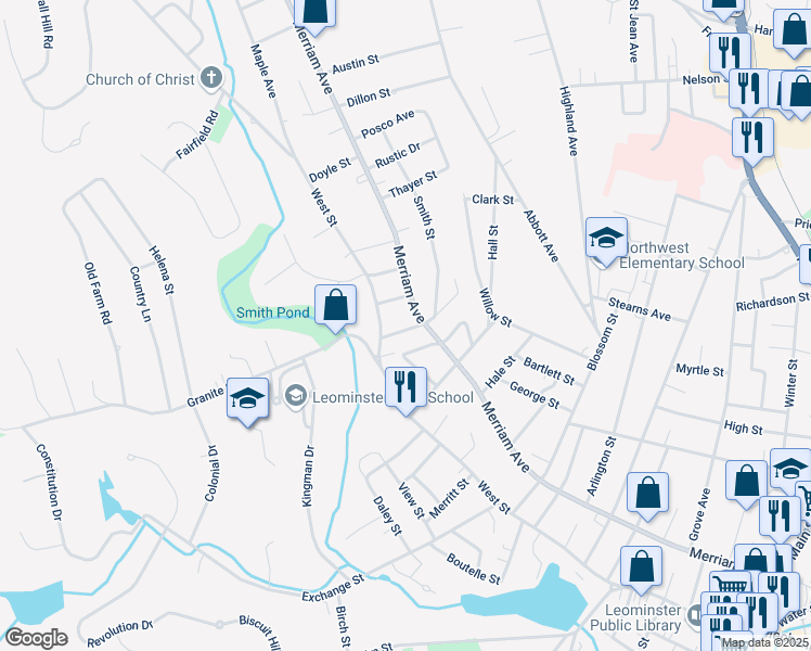 map of restaurants, bars, coffee shops, grocery stores, and more near 22 Gibson Street in Leominster