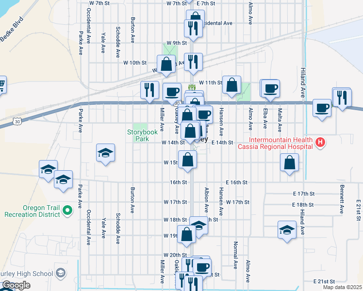 map of restaurants, bars, coffee shops, grocery stores, and more near 1357 Oakley Avenue in Burley