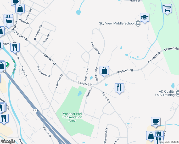 map of restaurants, bars, coffee shops, grocery stores, and more near 39 Sunrise Avenue in Leominster