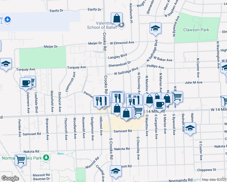 map of restaurants, bars, coffee shops, grocery stores, and more near 360 North Crooks Road in Clawson