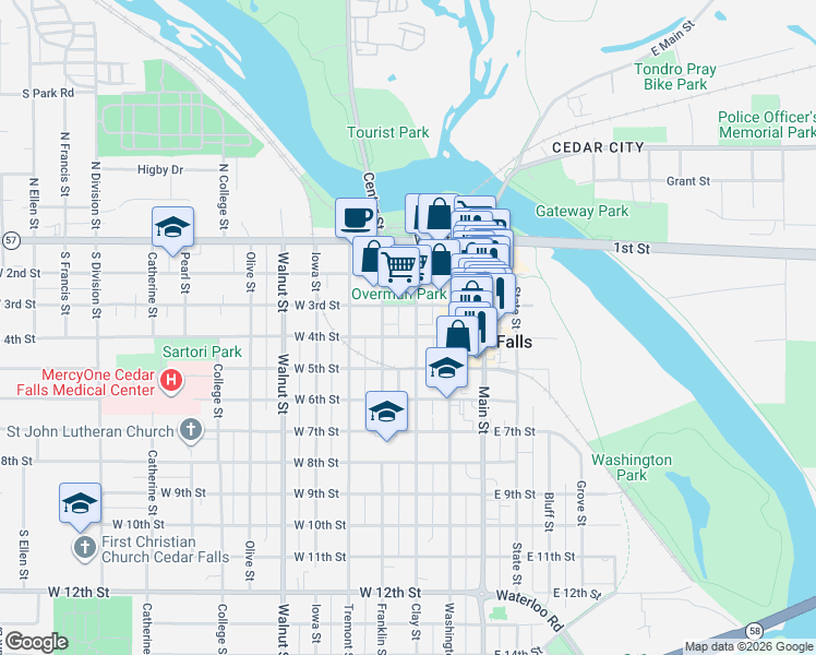 map of restaurants, bars, coffee shops, grocery stores, and more near 303 Clay Street in Cedar Falls