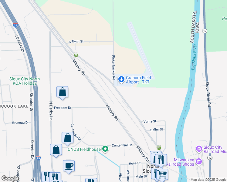map of restaurants, bars, coffee shops, grocery stores, and more near 1003 State Highway 105 in North Sioux City