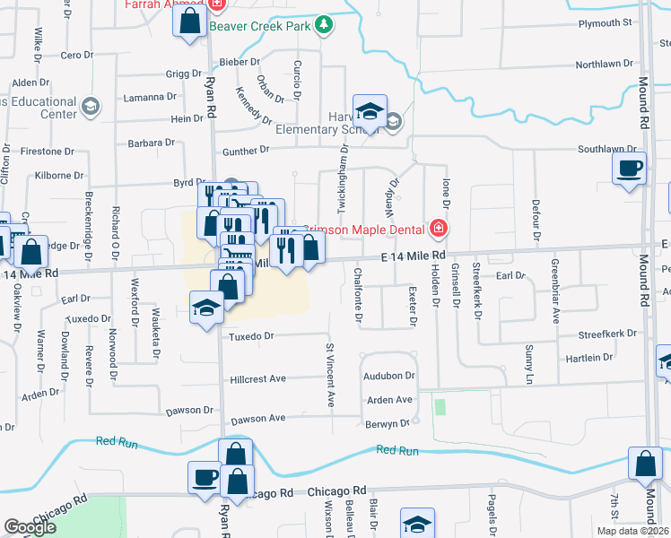 map of restaurants, bars, coffee shops, grocery stores, and more near 4600 East 14 Mile Road in Warren