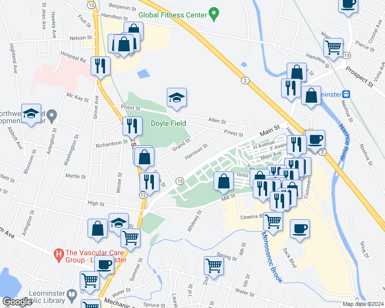 map of restaurants, bars, coffee shops, grocery stores, and more near 50 Harrison Street in Leominster