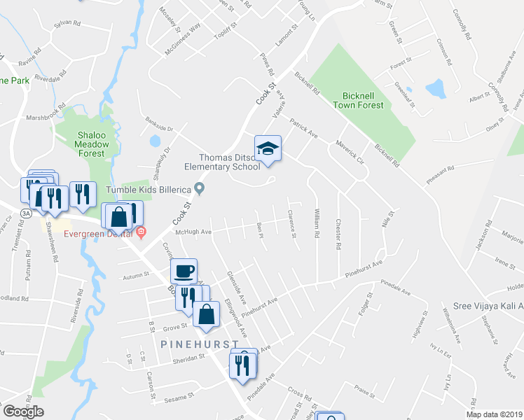 map of restaurants, bars, coffee shops, grocery stores, and more near 8 Ben Place in Billerica