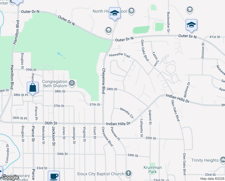 map of restaurants, bars, coffee shops, grocery stores, and more near 3751 Pawnee Place in Sioux City