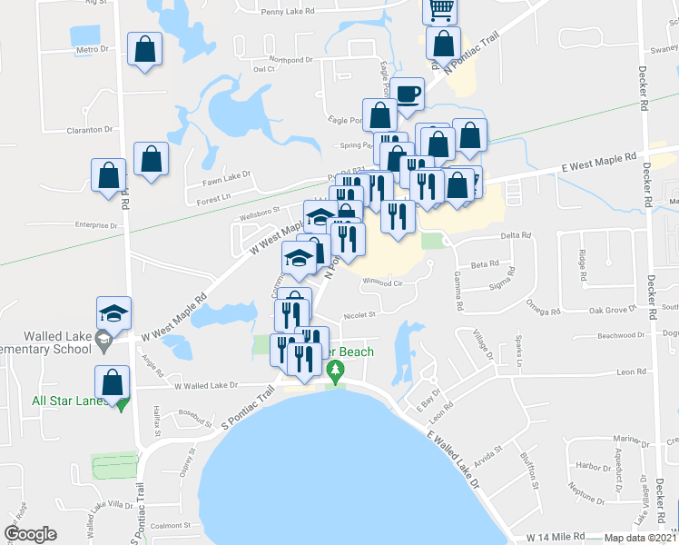 map of restaurants, bars, coffee shops, grocery stores, and more near 546 North Pontiac Trail in Walled Lake