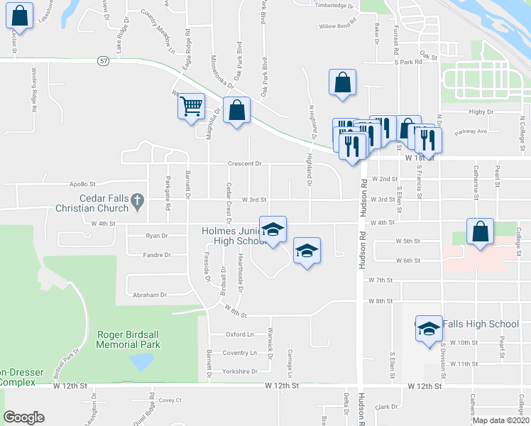 map of restaurants, bars, coffee shops, grocery stores, and more near 317 Angie Drive in Cedar Falls