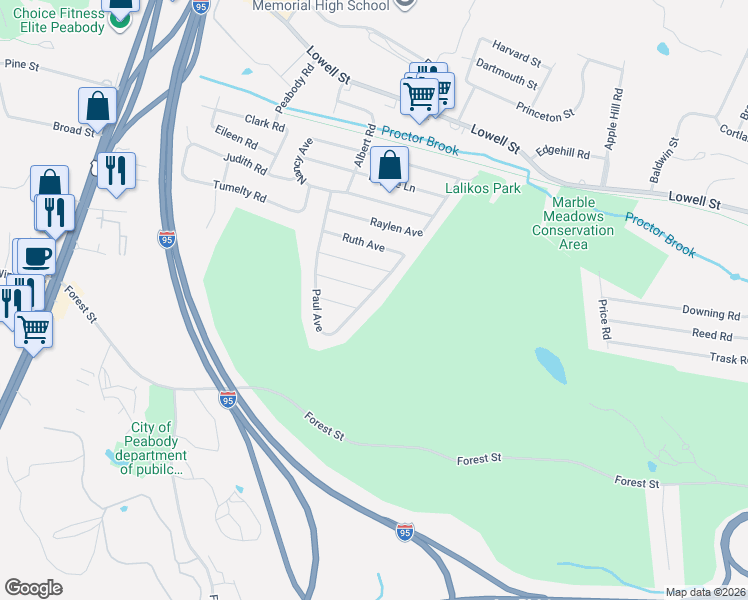 map of restaurants, bars, coffee shops, grocery stores, and more near 45 Paul Avenue in Peabody