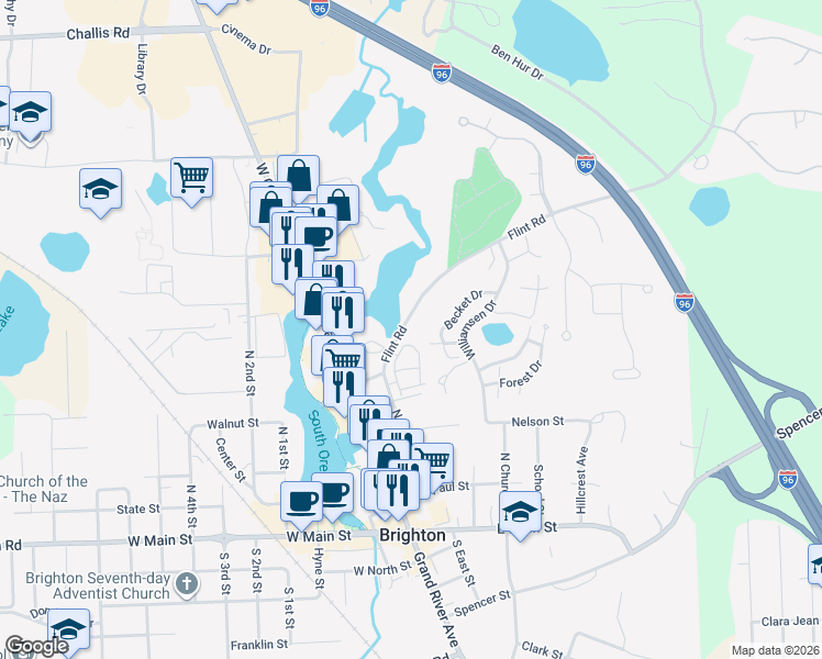 map of restaurants, bars, coffee shops, grocery stores, and more near 621 Flint Road in Brighton