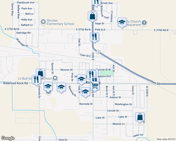 map of restaurants, bars, coffee shops, grocery stores, and more near 133 Monroe Street in Kimberly