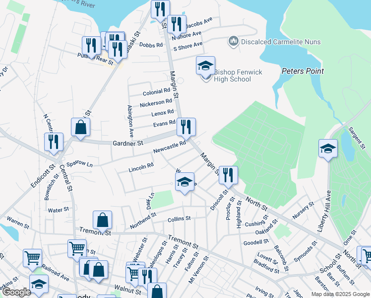 map of restaurants, bars, coffee shops, grocery stores, and more near 44 Margin Street in Peabody