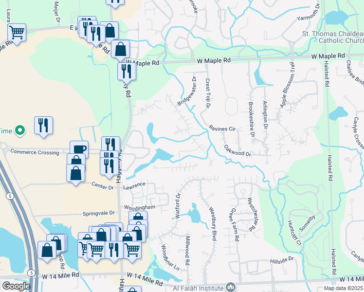 map of restaurants, bars, coffee shops, grocery stores, and more near 7574 Promontory Pointe in West Bloomfield Township