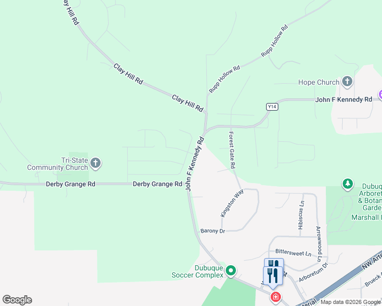 map of restaurants, bars, coffee shops, grocery stores, and more near 12490 John F Kennedy Road in Dubuque