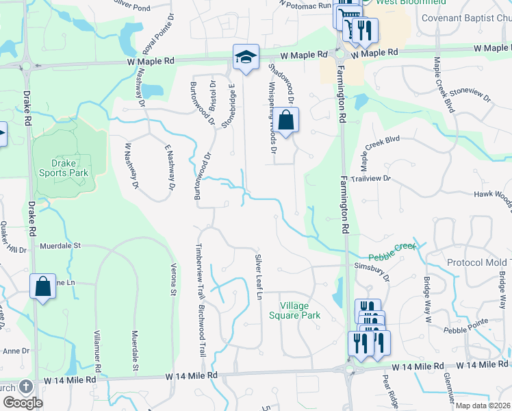 map of restaurants, bars, coffee shops, grocery stores, and more near 7247 Village Square Drive in West Bloomfield Township