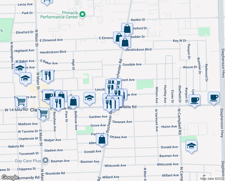 map of restaurants, bars, coffee shops, grocery stores, and more near 159 North Rochester Road in Clawson