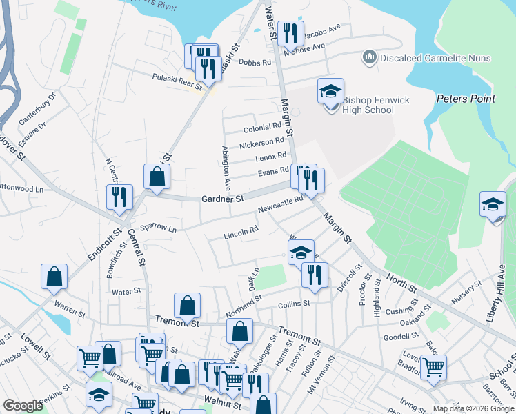 map of restaurants, bars, coffee shops, grocery stores, and more near 25 Newcastle Road in Peabody