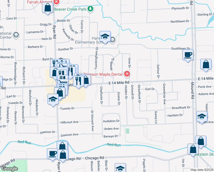 map of restaurants, bars, coffee shops, grocery stores, and more near 4670 East 14 Mile Road in Warren