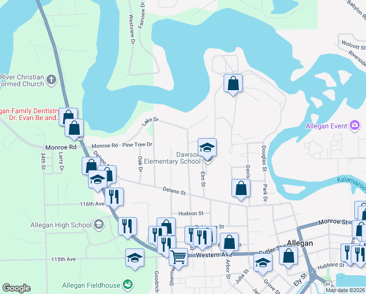 map of restaurants, bars, coffee shops, grocery stores, and more near 179 Arnold Street in Allegan