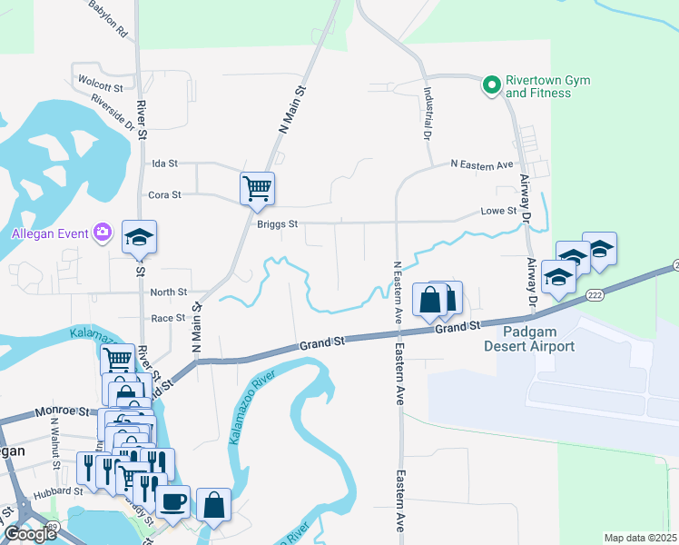 map of restaurants, bars, coffee shops, grocery stores, and more near 117 Depot Hill Court in Allegan