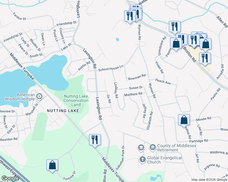 map of restaurants, bars, coffee shops, grocery stores, and more near 23 Lindsay Road in Billerica