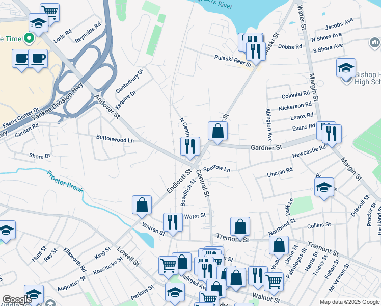 map of restaurants, bars, coffee shops, grocery stores, and more near 8 North Central Street in Peabody