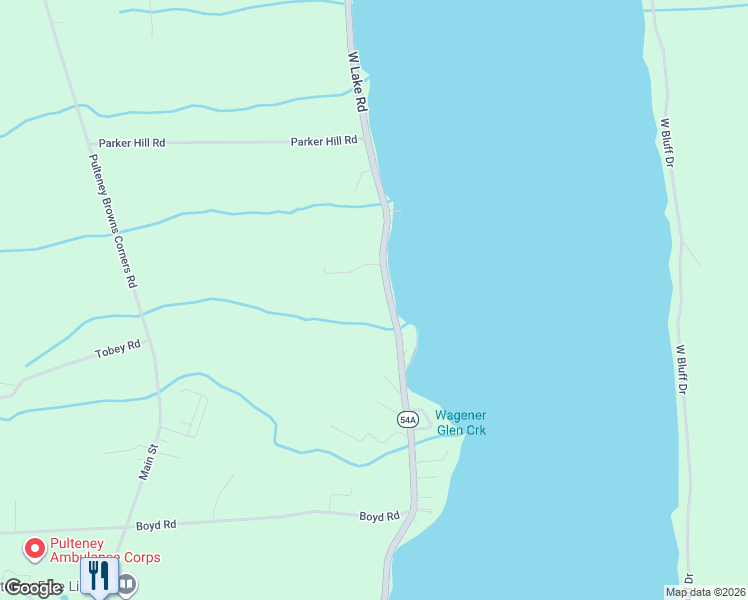 map of restaurants, bars, coffee shops, grocery stores, and more near 15089 West Lake Road in Pulteney