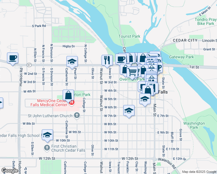 map of restaurants, bars, coffee shops, grocery stores, and more near 315 Iowa Street in Cedar Falls