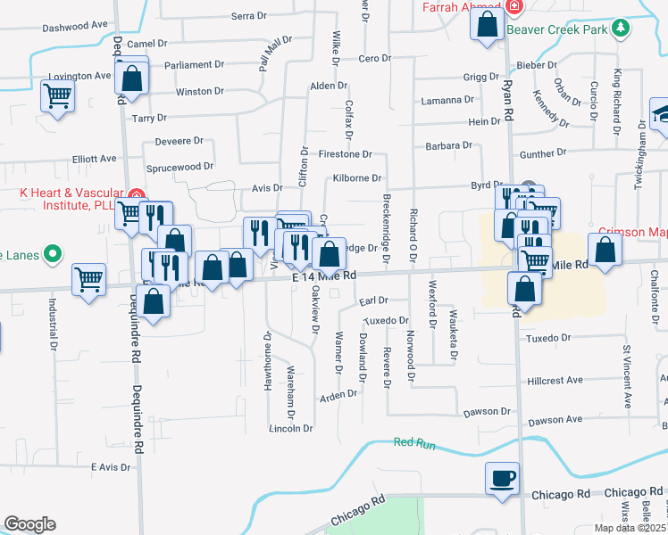 map of restaurants, bars, coffee shops, grocery stores, and more near 33014 Crestwell Drive in Sterling Heights