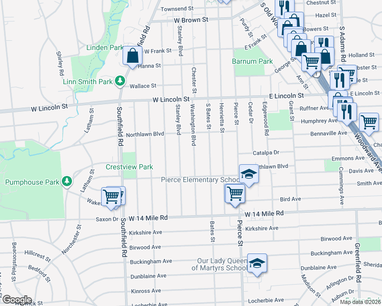 map of restaurants, bars, coffee shops, grocery stores, and more near 1524 Washington Boulevard in Birmingham