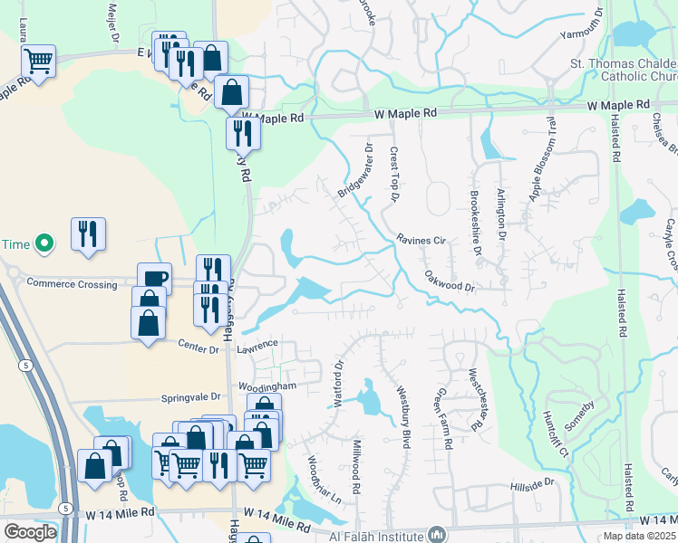 map of restaurants, bars, coffee shops, grocery stores, and more near 7574 Promontory Pointe in West Bloomfield Township