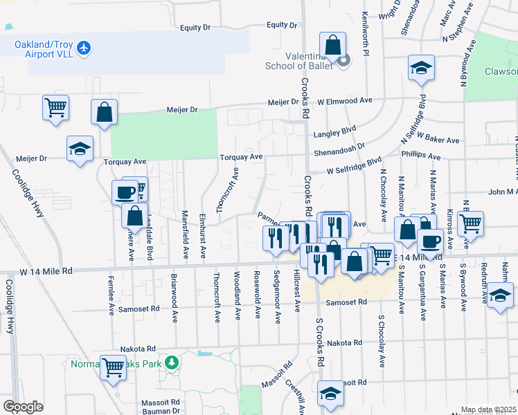 map of restaurants, bars, coffee shops, grocery stores, and more near 4922 Coventry Street in Royal Oak